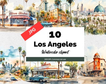 Aquarell Los Angeles Clipart, 10 hochwertige JPGs, kommerzielle Nutzung, Sofortiger Download, Amerika, Amerikaner, Städte, Kalifornien, Kartenherstellung