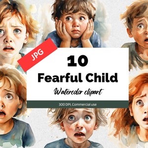 Clipart enfant effrayé à l'aquarelle, 10 fichiers JPG de haute qualité, Utilisation commerciale, Téléchargement instantané, Fabrication de cartes, Enfants, Enfants, Peur, Peur, Effrayant