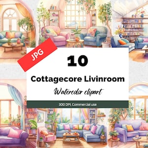 Cottagecore Livingroom clipart, 10 JPG's van hoge kwaliteit, Commercieel gebruik, Instant download, Sprookje, Leuke kamers, Interieur, Huis clip art