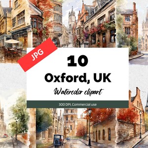 Aquarela Oxford, clipart do Reino Unido, 10 JPGs de alta qualidade, uso comercial, download instantâneo, Reino Unido, cidades, cartões comemorativos, criação de cartões