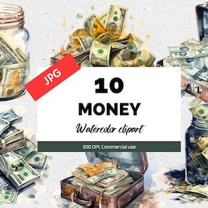 Aquarell Geld Cliparts, 10 Hochwertige JPGs, Kommerzielle Nutzung, Sofortiger Download, Reichtum, Bargeld, Koffer voller Geld, Reiche, Wohlhabende