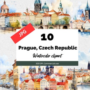 Pode incluir: Uma ilustração em aquarela da cidade de Praga, República Checa. A ilustração apresenta uma paisagem urbana com edifícios, pontes e um rio. A ilustração está em uma paleta de cores suaves e apagadas com tons de azul, verde, amarelo e vermelho.