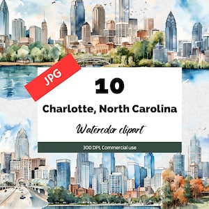 Charlotte, clipart North Carolina, 10 JPG di alta qualità, uso commerciale, download istantaneo, creazione di cartoline, Stati Uniti, città, città, paesaggio urbano, America