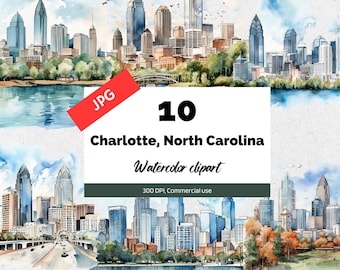 Charlotte, North Carolina Clipart, 10 Hochwertige JPG, Kommerzielle Nutzung, Sofortiger Download, Kartenherstellung, USA, Stadt, Städte, Stadtansicht, Amerika