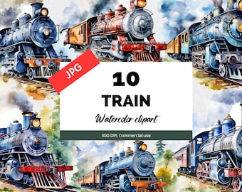 Watercolor train clipart, 10 High quality JPGs, Commercial use, Instant download, Vintage locomotive, Sublimation, Card making, Steam engine