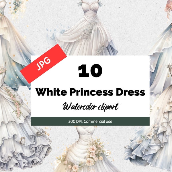 White princess dress clipart, 10 High quality JPGs, Commercial use, Instant download, Wedding dress, Fantasy, Magical, Floral dresses, Gowns