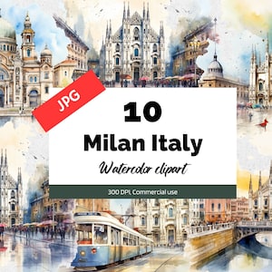 Clipart Milan Italie, 10 fichiers JPG de haute qualité, usage commercial, téléchargement immédiat, paysage urbain, ville italienne, villes européennes, Europe, scrapbooking