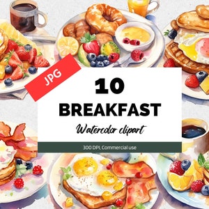 Imágenes prediseñadas de desayuno de acuarela, 10 JPG de alta calidad, Uso comercial, Descarga instantánea, Café, Tostadas, Té, Huevos, Panqueques, Prediseñadas de alimentos