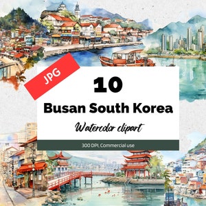 Clipart de Busan Coreia do Sul, 10 JPGs de alta qualidade, uso comercial, download instantâneo, criação de cartões, sul-coreano, cidades, cidade, férias, viagem
