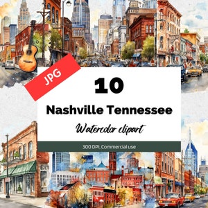 Aquarelle Nashville Tennessee clipart, 10 JPG de haute qualité, Utilisation commerciale, Téléchargement instantané, Fabrication de cartes, États-Unis, ville, villes, Paysage urbain