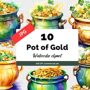 Könnte beinhalten: Zehn Aquarell-Illustrationen von Goldtöpfen. Jeder Topf ist mit Goldmünzen gefüllt und hat ein grünes Kleeblatt-Design. Die Töpfe sind in verschiedenen Grüntönen, Goldtönen und Blautönen gehalten.