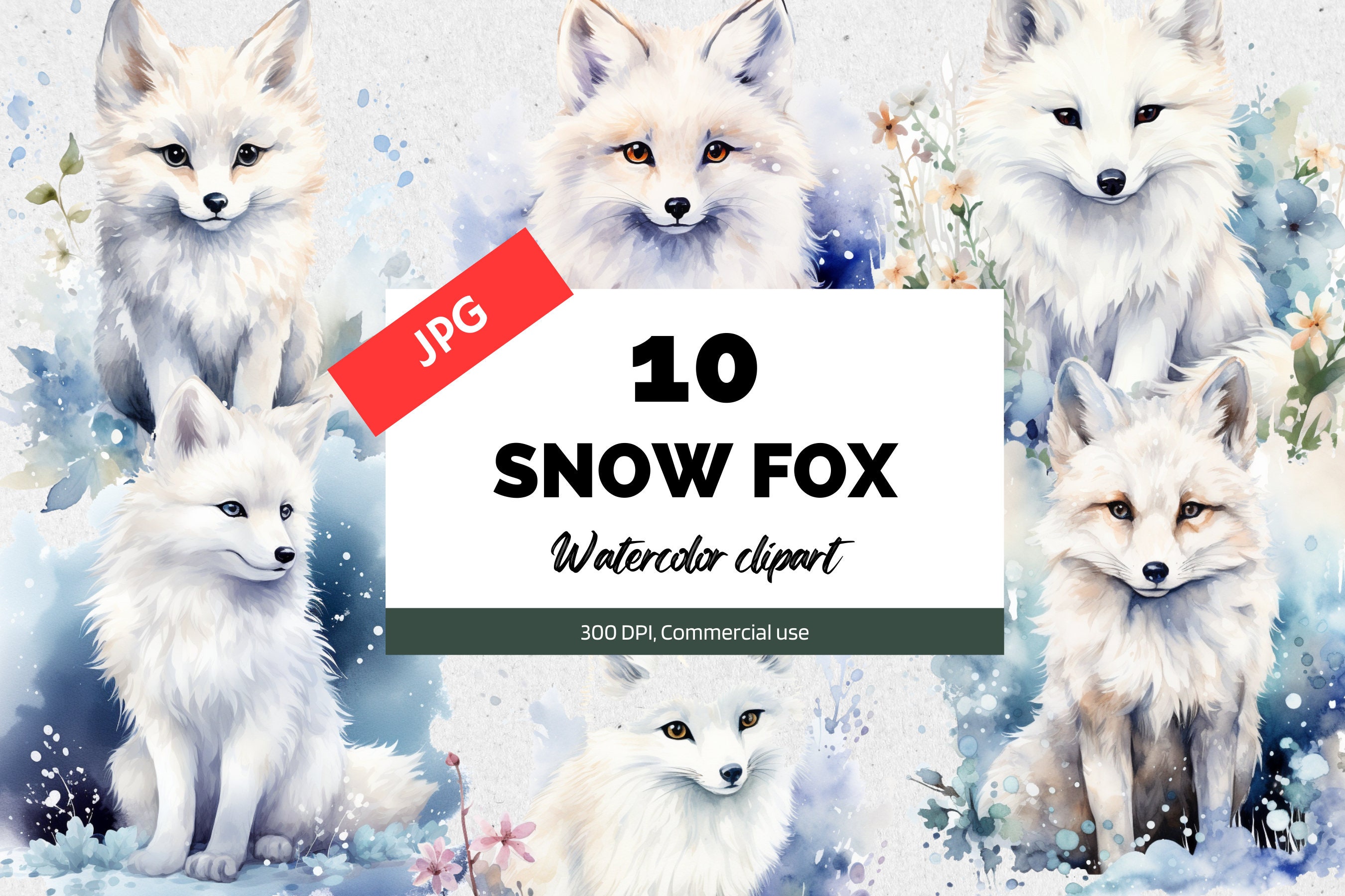 Watercolor snow fox clipart, 10 High quality JPGs, Card making, Watercolor winter animals, Commercial use, Junk journal, Nursery decor image
