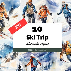 Clipart voyage de ski aquarelle, 10 fichiers JPG de haute qualité, licence commerciale, téléchargement immédiat, fabrication de cartes, ski, neige, montagne, vacances