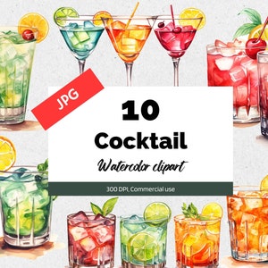 Clipart di bicchieri da cocktail ad acquerello, 10 JPG di alta qualità, Uso commerciale, Download istantaneo, Creazione di cartoline, Cocktail, Bevande, Alcol, Vodka