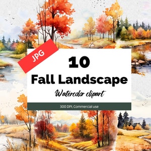Watercolor fall landscape clipart, 10 High quality JPGs, Commercial use, Instant download, Autumn clip art, Fall scene, Card making craft