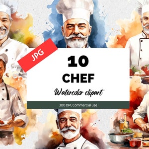 Watercolor chef clipart, 10 High quality JPGs, Commercial use, Instant download, Cooking, Cook, Restaurant, Occupation, Card making graphics