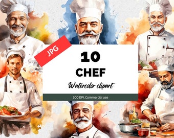 Aquarell Koch Clipart, 10 hochwertige JPGs, kommerzielle Nutzung, Sofortiger Download, Kochen, Koch, Restaurant, Beruf, Kartenherstellung Grafiken