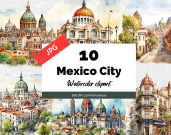 Watercolor Mexico city clipart, 10 High quality JPGs, Commercial use, Instant download, Travel, Greeting cards, Vacation, Mexican, Crafts