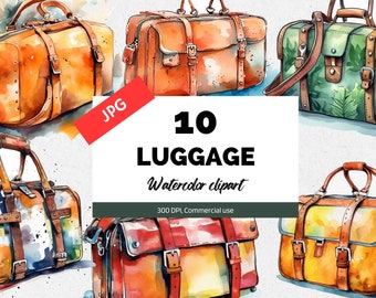 Imágenes prediseñadas de equipaje de acuarela, 10 JPG de alta calidad, uso comercial, descarga instantánea, vacaciones de verano, imágenes prediseñadas de viaje, viajes de acuarela