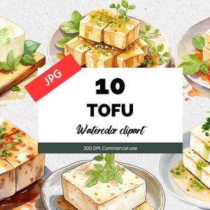 Clipart de tofu aquarelle, 10 JPG de haute qualité, Utilisation commerciale, Téléchargement instantané, Cuisine asiatique, Plat végétarien, Aliments végétaliens, Japon, Chine