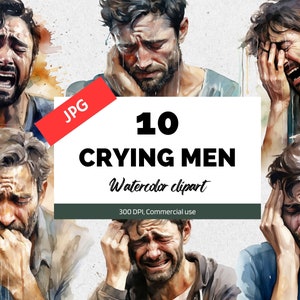 Hombre llorando en acuarela, 10 JPG de alta calidad, Licencia comercial, Descarga instantánea, Fabricación de tarjetas, Salud mental de los hombres, Tristeza, Lloro, Triste, Molesto
