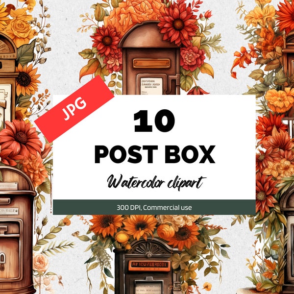 Watercolor autumn post box clipart, 10 High quality JPGs, Cute rustic floral post boxes, Mailboxes, Mailbox, Commercial use, Fall clip art