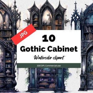 Watercolor gothic cabinet clipart, 10 High quality JPGs, Commercial use, Instant download, Gothic furniture, House, Haunted, Halloween, Dark
