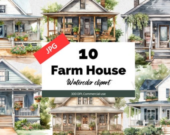 Watercolor farmhouse clipart, 10 High quality JPGs, Summer clipart, Rural, Countryside, Commercial use, Instant download, Scrapbook images