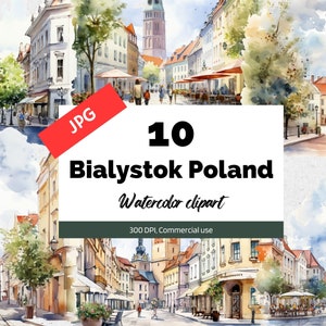 akwarela Białystok Polska clipart, 10 wysokiej jakości plików JPG, wykorzystanie komercyjne, natychmiastowe pobieranie, tworzenie kartek, kartka z życzeniami, pocztówki, podróże