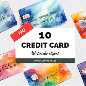 Clipart di carte di credito acquerello, 10 JPG di alta qualità, Uso commerciale, Download istantaneo, Creazione di carte, Carte di debito, Acquisti online, Consumatore