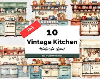 Vintage kitchen clipart, 10 High quality JPGs, Commercial use, Instant download, Vintage kitchen, Watercolor cooking, Chef, Cook, Recipes