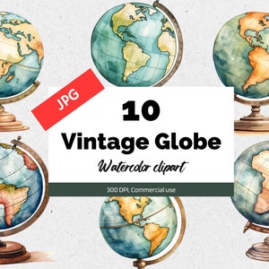 May include: Ten watercolor illustrations of vintage globes with a blue and brown color scheme. The globes are on wooden stands. The text "10 Vintage Globe Watercolor clipart 300 DPI, Commercial use" is on a white background.