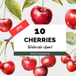 Watercolor cherry clipart, 10 High quality JPGs, Commercial use, Instant download, Fresh cherries summer fruits, Card making, Scrapbooking