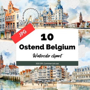 Ostende Bélgica clipart, 10 JPG de alta qualidade, uso comercial, download instantâneo, criação de cartões, viagens pela Europa, belga, viagens, feriados, viagem
