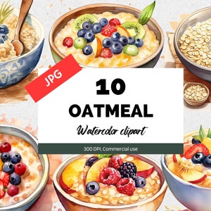 Clipart de flocons d'avoine à l'aquarelle, 10 JPG de haute qualité, Utilisation commerciale, Téléchargement instantané, Petit-déjeuner sain, Nutrition, Livre de cuisine, Recettes, Fruits