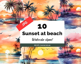Clipart al tramonto sulla spiaggia dell'acquerello, 10 JPG di alta qualità, Creazione di carte, Clipart per le vacanze, ClipArt estive, Mestiere di carta digitale, Diario spazzatura