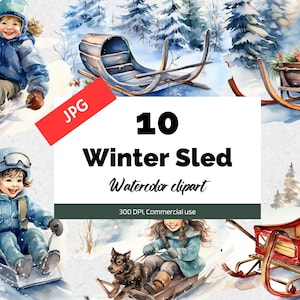 Clipart de trenó de inverno em aquarela, 10 JPGs de alta qualidade, Licença comercial, Download instantâneo, Criação de cartões, Atividades de inverno, Crianças, Crianças