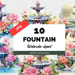 Watercolor fountain clipart, 10 High quality JPGs, Commercial use, Instant download, Flowers, Springtime, Summer time, Garden, Gardening