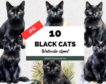 Aquarell schwarze Katze Clipart, 10 hochwertige JPGs, Katzen und Kätzchen, kommerzielle Nutzung, Sofortiger Download, Hexe Clipart, Kartenherstellung