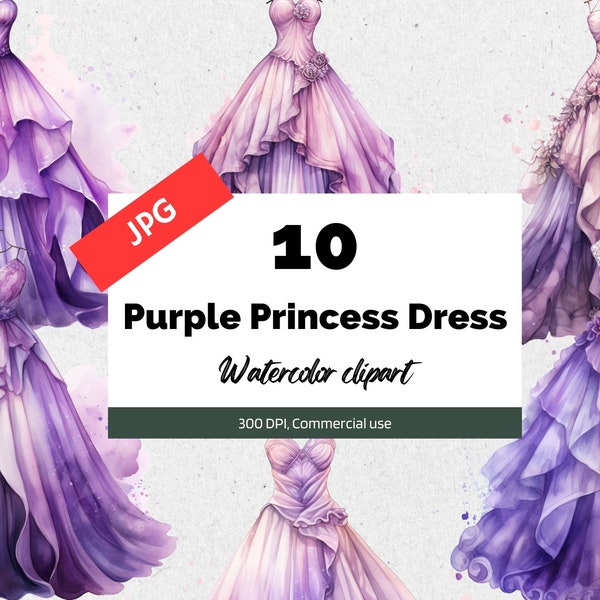 Purple princess dress clipart, 10 High quality JPGs, Commercial use, Instant download, Fantasy, Magical, Card making, Beautiful cute gowns