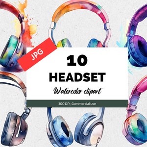 Watercolor headset clipart, 10 High quality JPGs, Commercial use, Instant download, Technology, Music, City life, Young people, Earphone