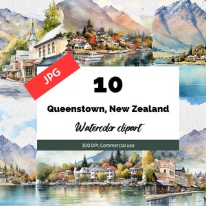 Queenstown, clipart da Nova Zelândia, 10 JPGs de alta qualidade, uso comercial, download instantâneo, criação de cartão, férias, viagem, viagem, cartão postal, cidade