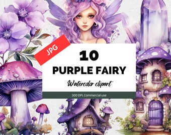 Watercolor purple fairy clipart, 10 High quality JPGs, Fantasy clip art, Fairies graphics, Card making, Commercial use, Instant download