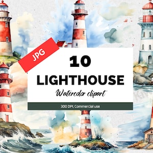 Clipart de farol em aquarela, 10 JPGs de alta qualidade, planejador digital, diários indesejados, criação de cartões, cartões comemorativos, uso comercial, vestuário