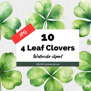 Aquarelle trèfles à 4 feuilles clipart, Saint-Patrick, Fête irlandaise, 10 JPG de haute qualité, Licence commerciale, Téléchargement instantané, Fabrication de cartes