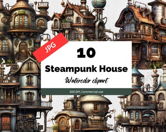 Watercolor steampunk house clipart JPGs, Fantasy clip art graphics, Collage sheets, Junk journals, Scrapbooking, Commercial use, Wall art