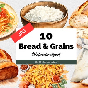 Imágenes prediseñadas de pan y granos de acuarela, 10 JPG de alta calidad, Pasta, Arroz, Pan, Fideos, Croissant, Uso comercial, Imágenes prediseñadas de alimentos, Libro de recortes