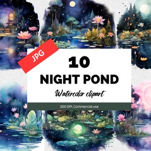 Clipart de lagoa noturna em aquarela, 10 JPGs de alta qualidade, uso comercial, download instantâneo, nenúfar fantasia, lagoas de sapos, imagens de álbum de recortes, cartão