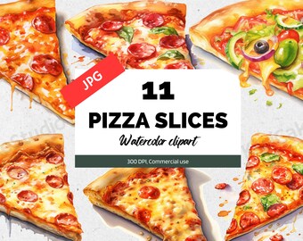 Aquarell Pizza Clipart JPG, Pizza Scheiben Grafiken, Fast Food Fotorealismus, kommerzielle Nutzung, Instant Download, Papier & Partybedarf