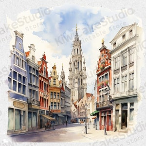May include: Watercolor painting of a European city street scene with tall buildings and a church steeple in the background. The buildings are painted in shades of yellow, red, and blue. The street is empty and the sky is blue with white clouds.